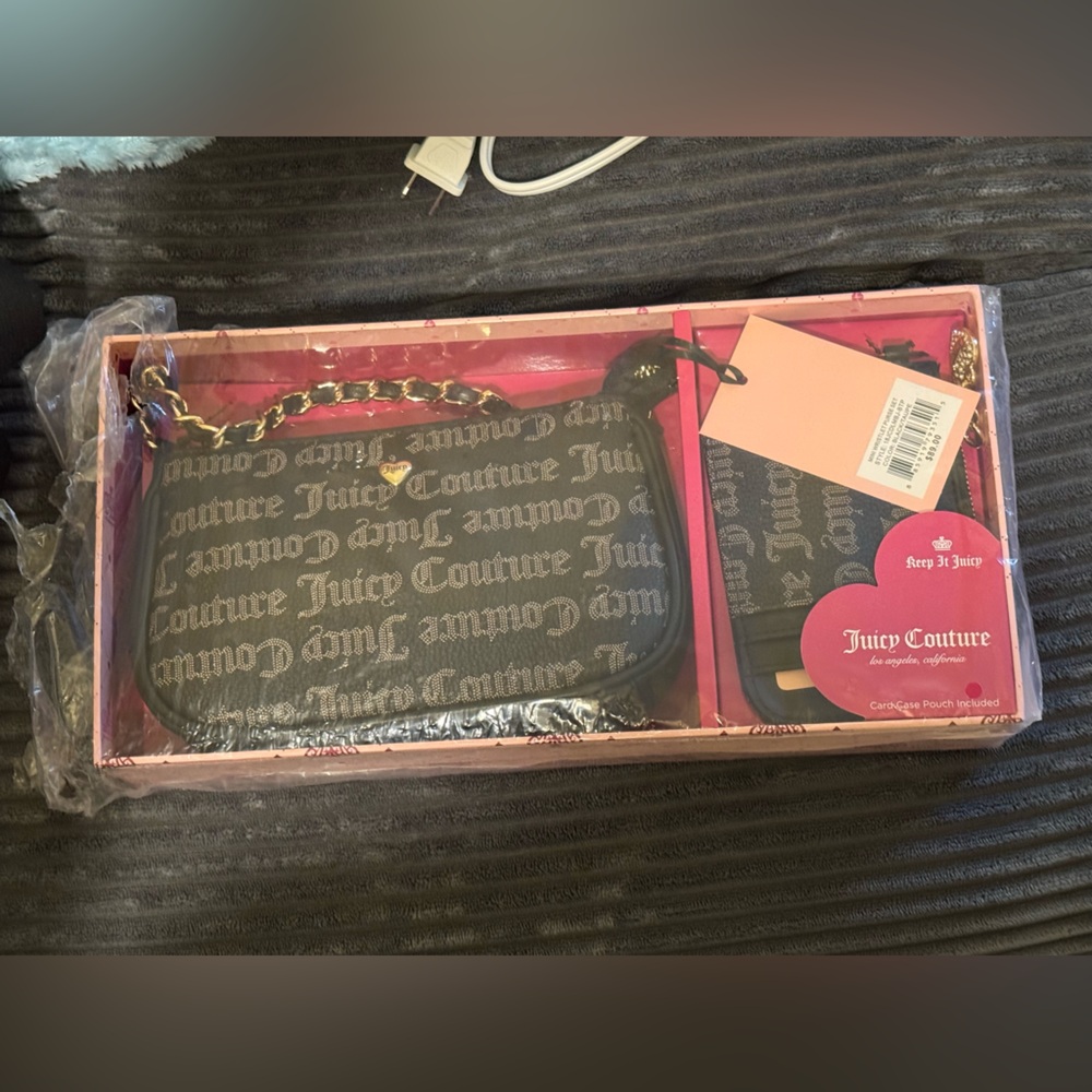 Juicy Couture Mini Wristlet Purse Set Black Taupe Logo NWT Boxed Gift
